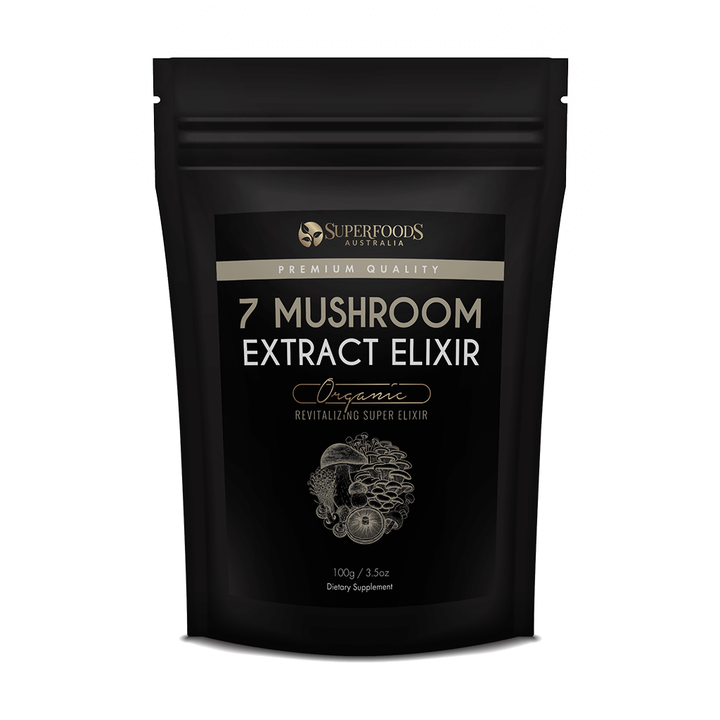 7 Mushroom Extract Elixir, a potent combination of Siberian Chaga, Reishi, Cordyseps, Maitake, Shiitake, and Lion's Mane.