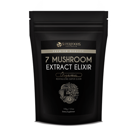 7 Mushroom Extract Elixir, a potent combination of Siberian Chaga, Reishi, Cordyseps, Maitake, Shiitake, and Lion's Mane.