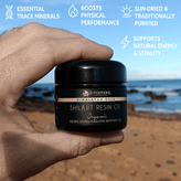 Himalayan Gold Shilajit Resin jar with golden measuring spoon