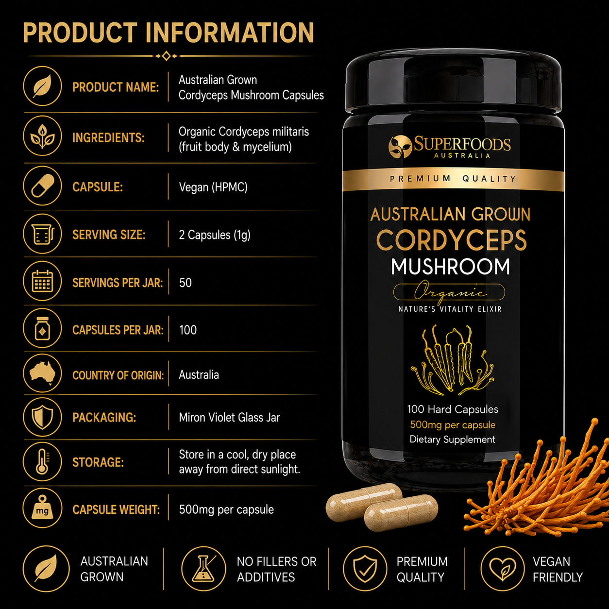Australian Grown Cordyceps Mushroom Capsules