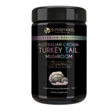 A black jar labeled 'Australian Grown Turkey Tail Mushroom Capsules' by Superfoods Australia, indicating organic and premium quality. Organically grown in the Yarra valley Victoria Australia.